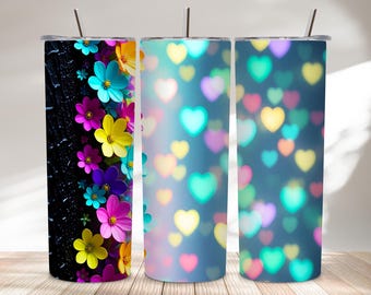 Colorful Flower Tumbler Wrap PNG, Neon Floral Heart Bokeh Sublimation Design, Bright Rainbow Aesthetic Skinny 20oz, Vibrant Flower Wrap