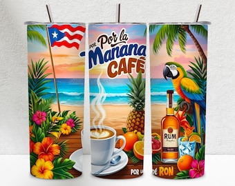 Puerto Rico Coffee & Rum Tumbler Wrap PNG | Tropical Beach Spanish Quote Sublimation Design | 20oz Skinny Wrap Digital