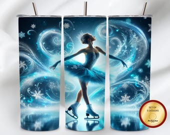 Elegante funda para vaso de patinaje sobre hielo de 20 oz / Diseño de bailarina de invierno / Arte digital de ballet con copos de nieve / Descarga PNG para sublimación de 300 DPI