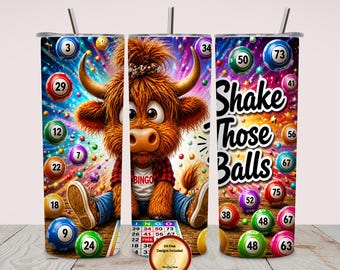 Cute Highland Cow Bingo 20oz Tumbler Wrap PNG, Funny Bingo Sublimation Design, Colorful Bingo Balls Skinny Tumbler Digital Download
