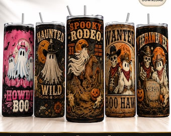 Western Halloween 20oz Tumbler Wrap Bundle PNG | Cowboy Ghost Skull Sublimation Designs | 5 Pack Spooky Rodeo Skinny Tumbler