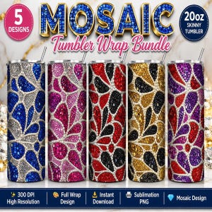 5-delige set 20oz drinkbekerhoezen met luxe strass mozaïek PNG glitter edelsteen sublimatieprint, geschikt voor smalle 20oz drinkbekers