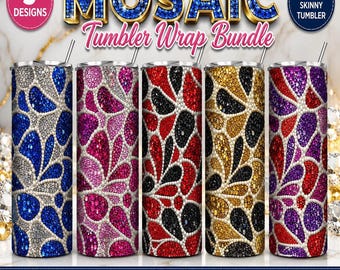 5 Pack Luxury Rhinestone Mosaic 20oz Tumbler Wrap Bundle PNG, Glitter Gem Skinny Tumbler Sublimation Digital Download