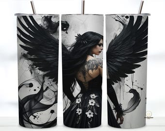 Dark Angel Tattoo Woman Gothic 20Oz Tumbler Wrap Sublimation Design | Fantasy Black Wings Ink Style PNG | Grunge Tattoo Gothic Angel Tumbler