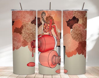 Diseño PNG de vaso delgado de 20 oz con esmalte de uñas de moda para chica, diseño de sublimación Glam Beauty, descarga digital de maquillaje floral coral