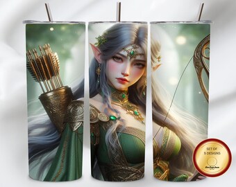 Diseño PNG para vaso térmico de arquero fantástico de 20 oz, diseño de sublimación de princesa guerrera, arte de mujer elfa de cabello plateado, descarga digital PNG de 300 DPI
