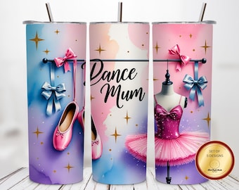 Dance Mum 20 oz Tumbler Wrap PNG – Ballet Slippers Ballerina Dress Sublimation Design – Pastel Watercolor Wrap for Digital PNG Download