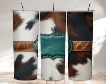 Cowhide Western Tumbler Wrap PNG Turquoise Leather Patch Cow Print Sublimation 20oz Skinny Wrap