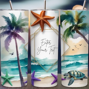 May include: A set of three stainless steel tumblers with beach-themed watercolor designs. Each tumbler features a different scene: palm trees, starfish, and a sea turtle. The center tumbler has the text "Enter Your Text" within a gold geometric frame.