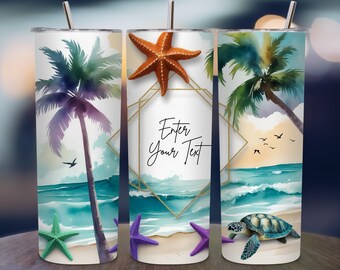 Beach Sea Turtle Starfish Palm Tree | 20 oz Tumbler Wrap Design PNG | Custom Sublimation Coastal Ocean Art | 300 DPI Digital PNG Download