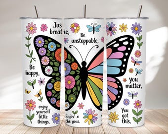 Just Breathe 20oz Tumbler Wrap PNG | Butterfly Floral Inspirational Sublimation Design | Pastel Motivational Skinny Tumbler
