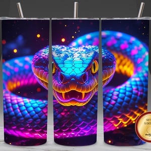 Glow Snake 20oz Tumbler Wrap PNG | Neon Reptile Sublimation Design | Psychedelic Venom Snake Art | Vibrant Animal Print Design PNG Download
