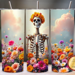 Colorful Floral Skeleton Tumbler Design PNG – 20oz Halloween Skull Wrap, Day of the Dead Sublimation Art, Boho Gothic Cup Print 300 DPI