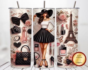 Paris Chic Fashion Girl Luxury Designer Purse Makeup Perfume Rose 20oz Tumbler Wrap Sublimation Design Stylish Glam Gift For Her PNG