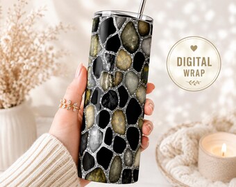 Stone Mosaic 20oz Tumbler Wrap PNG | Black Rock Glitter Grout Sublimation Design | Modern Marble Skinny Tumbler