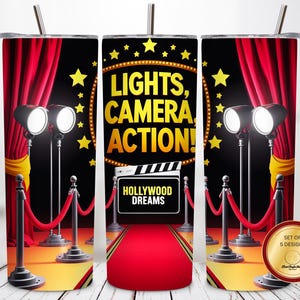 Hollywood Red Carpet 20oz Skinny Tumbler Wrap PNG, Lights Camera Action Movie Night Design, Film Star Party Sublimation, 300 DPI Digital PNG