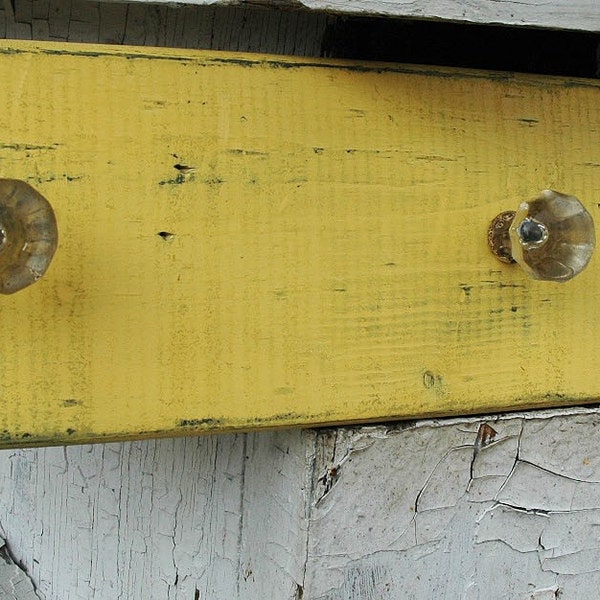 Reclaimed rustic wood towel rack with glass knobs