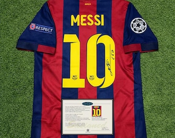 Messi Barcelona 2014/15 Retro Trikot, UCL Dreier-Trikot, aufgedruckte Signatur (#10)