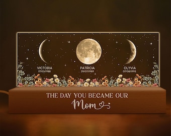 The Day You Become Mom Grandma, Personalized Birth Moon Phase LED Night Light, Birthday, Mother's Day Gift For Mom Grandma Wife