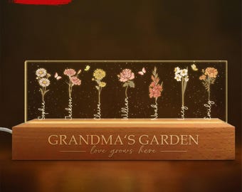 おばあちゃんの庭のナイトライト、誕生月のお花のLEDライト、お子様の名前入り、誕生日、母の日ギフト、おばあちゃん、奥様へのプレゼント