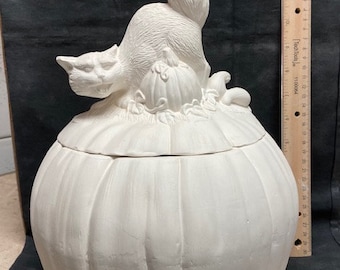 Ready to paint Ceramic Bisque Cat on Pumpkin
