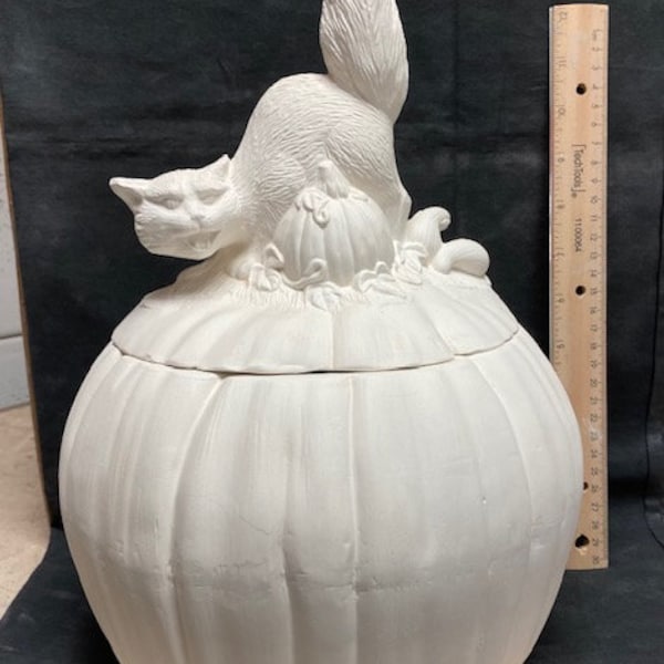 Pronto per dipingere il gatto in ceramica biscuit su zucca