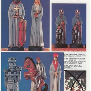 May include: A vintage chess set featuring detailed figurines of a king, queen, knights, bishops, rooks, and pawns. The king and queen are approximately 5 inches tall. The set includes a knight on horseback and a castle-shaped rook. The text "Chess Set" is visible.