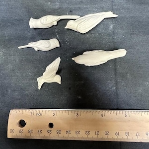 May include: Five unpainted ceramic bird figurines in various poses. The birds are arranged on a dark surface with a wooden ruler showing centimetres. The ruler measures up to 12.7 cm. The birds are in different positions, some with wings spread.