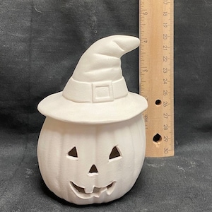 Ready to paint Ceramic Bisque Small Pumpkin with Witch hat great for Halloween