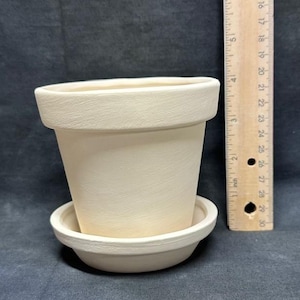 Puede incluir: Una maceta de cerámica sin esmaltar de color crema con un platillo a juego. La maceta mide aproximadamente 13 cm de alto y 13 cm de diámetro en la parte superior. Una regla de madera está al lado de la maceta.