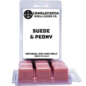 Suede & Peony: 2 Pack of Candlecopia Strongly Scented Hand Poured Vegan Wax Melts, 6.4 Total Ounces.