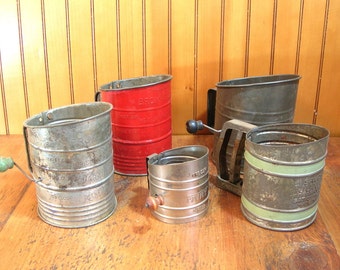 Five Vintage Flour Sifters, Farmhouse Kitchen, Instant Collection