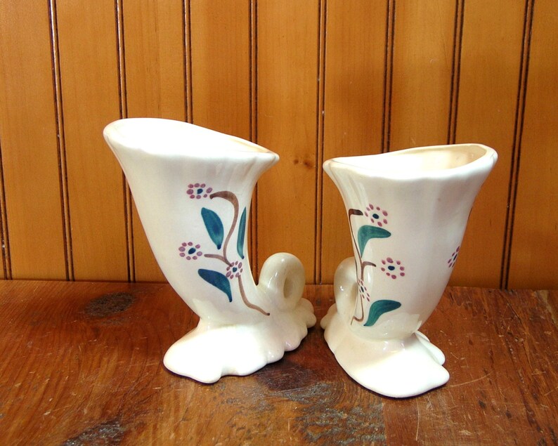 Stoneware Cornucopia Vases, Vintage Flower Vases, Pair, Mantle Decor image 2