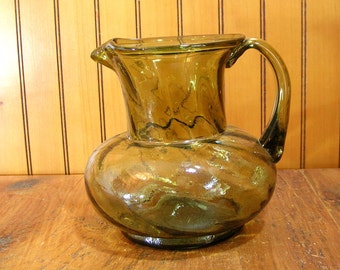 Blown Glass Pitcher, Primitive Colonial Style Green Glass Pitcher