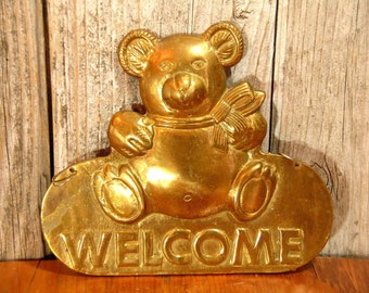 Brass Teddy Bear Welcome Plaque