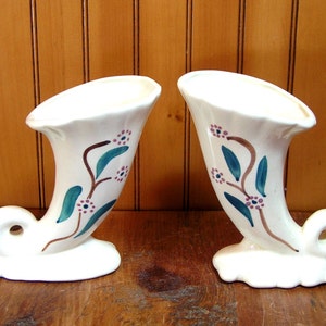 Stoneware Cornucopia Vases, Vintage Flower Vases, Pair, Mantle Decor image 1