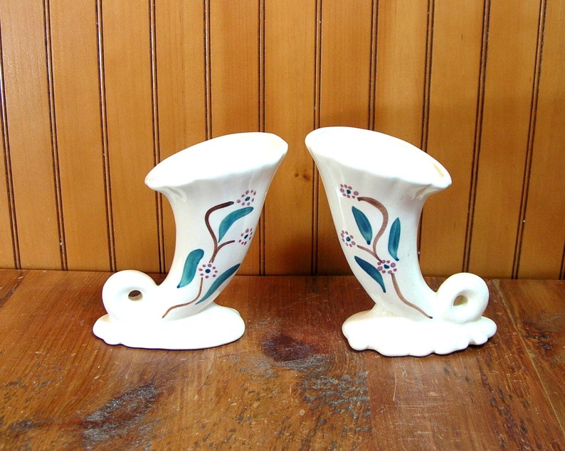 Stoneware Cornucopia Vases, Vintage Flower Vases, Pair, Mantle Decor image 5