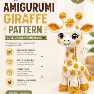 Könnte beinhalten: Ein gehäkeltes Amigurumi-Giraffenspielzeug mit cremefarbenem Körper und gelben Flecken, großen dunklen Augen, kleinen Hörnern und einem buschigen Schwanz. Das Bild enthält den Text: Crochet AMIGURUMI GIRAFFE PATTERN, CUTE. CUDDLY. HANDMADE. und weiteren Text.