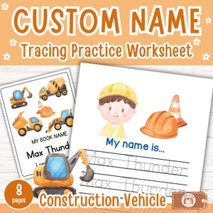 Op de afbeelding: Een werkblad voor het oefenen van het traceren van namen met een thema van bouwmachines. De omslag bevat illustraties van bouwmachines en de tekst "Max Thunder". Het werkblad bevat traceeroefeningen en de tekst "My name is..." en "Construction-Vehicle".