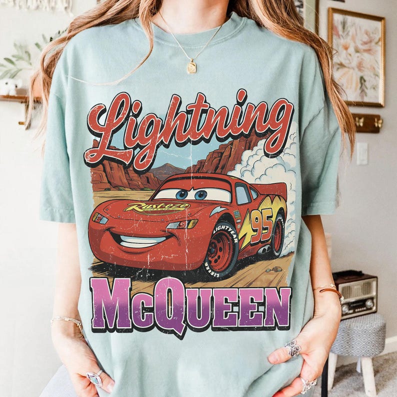 Vintage Lightning McQueen Shirt, Disney Pixar Cars Tee, Retro 90s Cars Land T-shirt, Disney Family Trip 2026 Matching Tees image 4