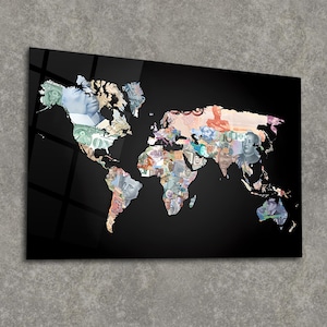 Geld Weltkarte Wandkunst, Weltkarte Wanddekor, hohe Qualität, gehärtetes Glas Druck Wandkunst, lebendige Farben, Wandbehang, Housewarming Geschenk