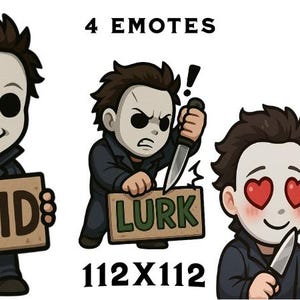 Könnte beinhalten: Vier Cartoon-Emojis eines maskierten Charakters mit verschiedenen Ausdrücken. Die Emojis sind mit "Raid", "Lurk", "Shh" und einem herzaugen-Charakter mit einem Messer beschriftet. Die Emojis sind 112 x 112 Pixel groß.