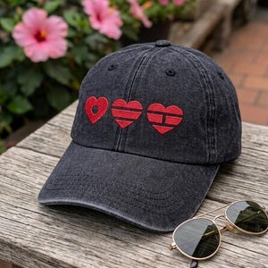 Peut inclure: Casquette de baseball noire avec trois motifs de cœurs rouges. La casquette est en matière souple et possède une visière incurvée. Des lunettes de soleil à monture dorée sont posées sur la surface en bois.