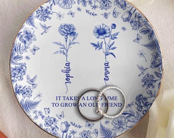It Takes a Long Time to Grow Old Friends, Personalized Jewelry Dish with Birth Flower & Name, Custom Gift for Best Friend, Birthday Keepsake