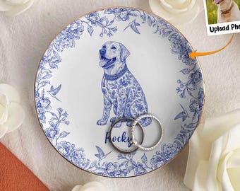 Forever in My Heart Dog Memorial Jewelry Dish – Custom Toile De Jouy Pet Loss Gift with Photo & Name – Personalized Dog Lover Keepsake