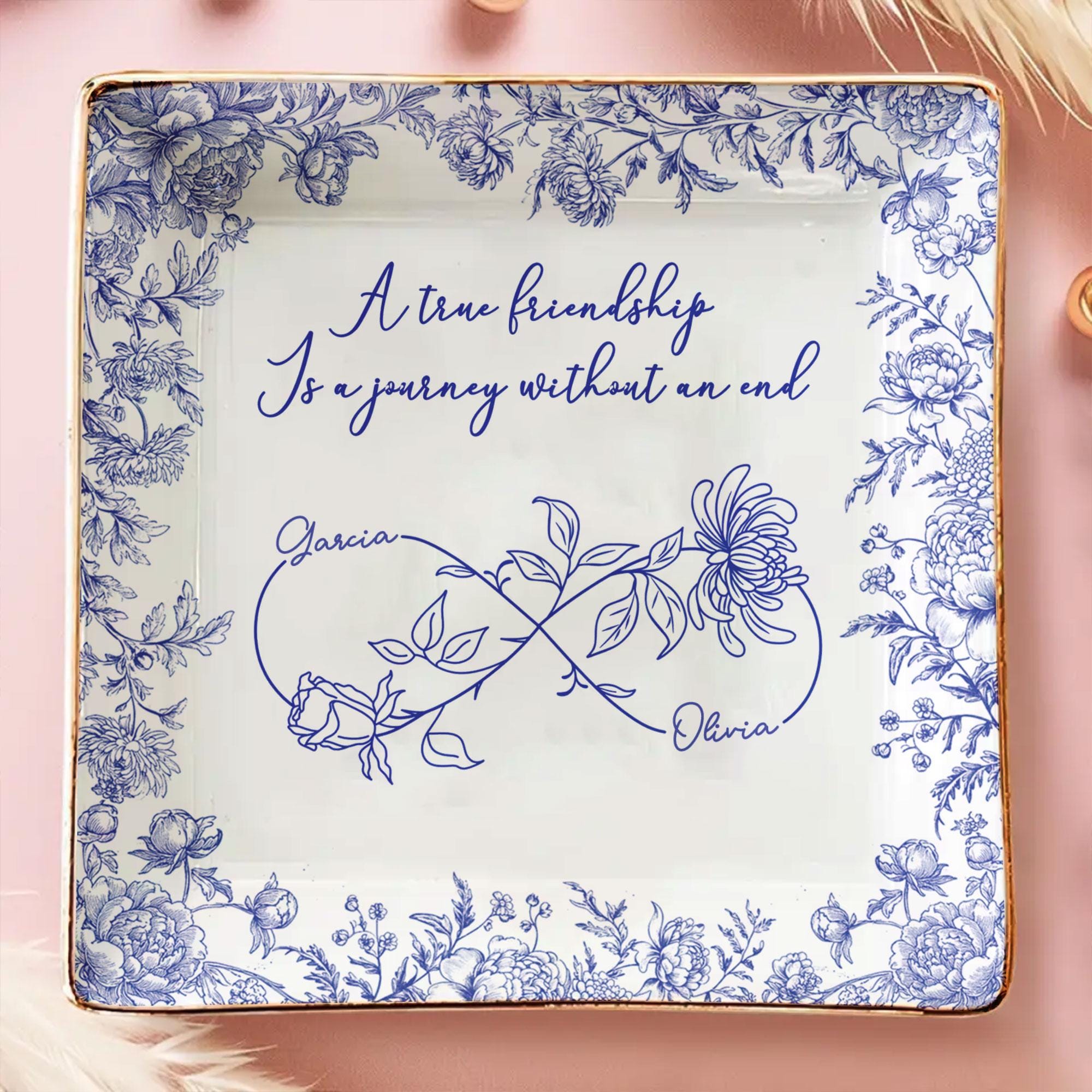 Personalized Friendship Jewelry Dish with Custom Names & Birth Flowers – Best Friend Gift, Toile De Jouy Floral Trinket Tray
