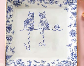 Cat Line Art Jewelry Dish – Personalized Square Ring Dish, Custom Cat Lover Gift, Toile De Jouy Pet Memorial, Cat Mom Trinket Tray