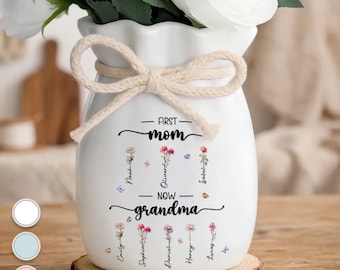 Personalized First Mom Now Grandma Birth Flower Vase, Custom Family Name Vase