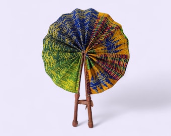 Authentic Kente Folding Hand Fan – Vibrant African Wax Print & Leather – Handmade in Ghana – Summer Wedding Guest Gift