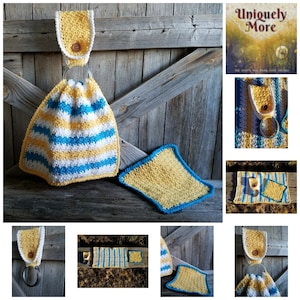 Peut inclure: Un ensemble de cuisine crocheté à la main en jaune, blanc et bleu. L'ensemble comprend un torchon suspendu avec un anneau en métal, un torchon et un porte-serviettes assorti. Le porte-serviettes a une fermeture à bouton en bois.